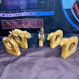 Vintage Hand Carved Wood African Safari Napkin Ring Holders 5pc